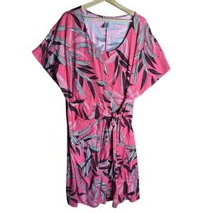 Catherines Pink Tropical Leaf Print Faux Wrap Dress Plus Size‎ 3X 26/28W Knit